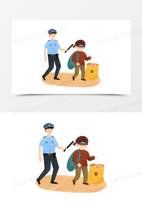 手绘卡通警察抓小偷免抠元素