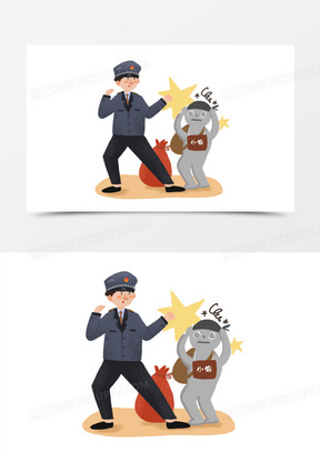 手绘卡通警察抓小偷免抠元素