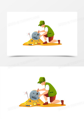 手绘卡通考古学家挖宝素材