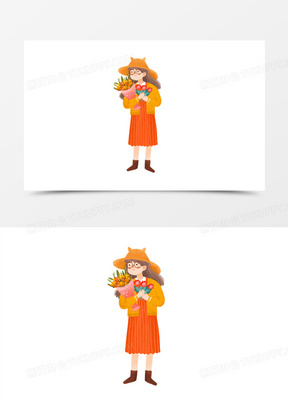 卡通手绘免抠手抱鲜花的女孩素材