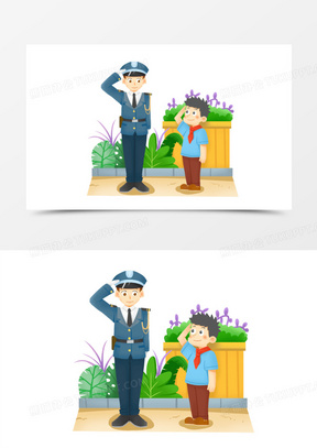 手绘卡通学校保安站岗素材