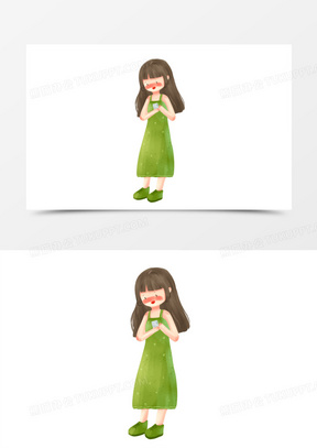 卡通手绘女孩低头看手机素材