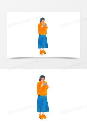 卡通手绘女孩低头看手机元素