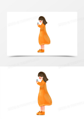 卡通手绘女孩低头玩手机元素