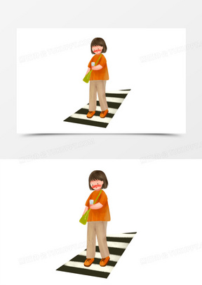 卡通手绘女孩过马路低头玩手机素材