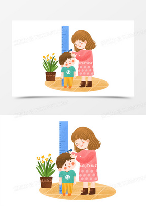 手绘卡通妈妈给孩子量身高场景免抠元素