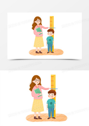 手绘卡通妈妈给孩子量身高场景免抠元素