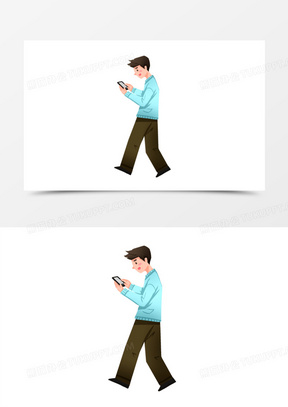 手绘卡通走路玩手机的人