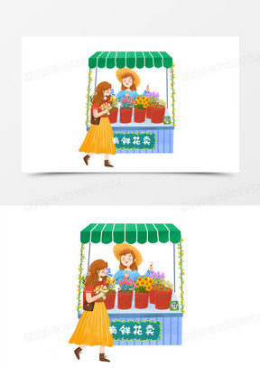 手绘卡通卖花路边摊免抠元素