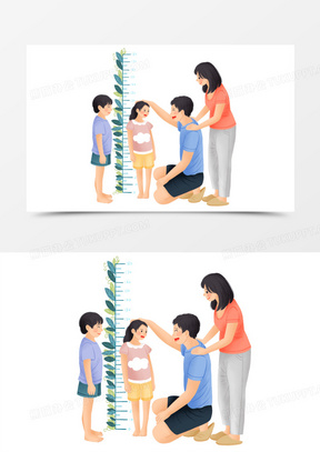 手绘插画风父母一起给孩子量身高元素