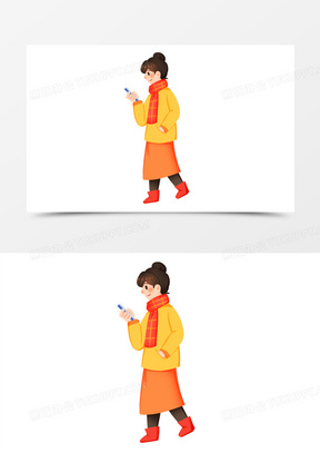 手绘卡通玩手机的女生免抠素材