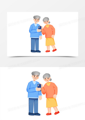 手绘卡通老人玩手机免抠素材