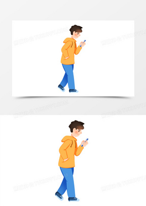 手绘卡通玩手机的男生免抠素材