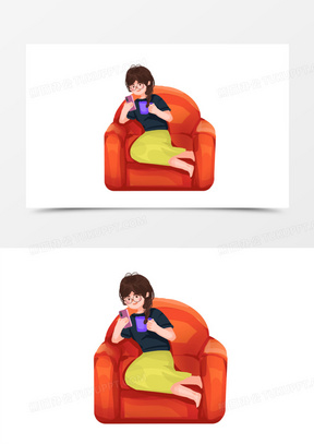 手绘沙发上看手机插画元素