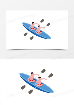 手绘矢量卡通双人皮划艇素材