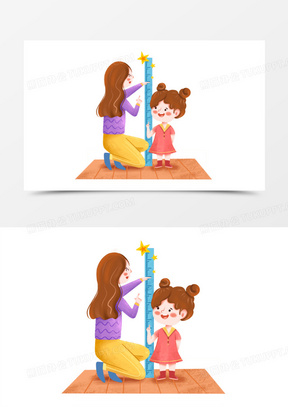 手绘风卡通母亲给孩子量身高元素