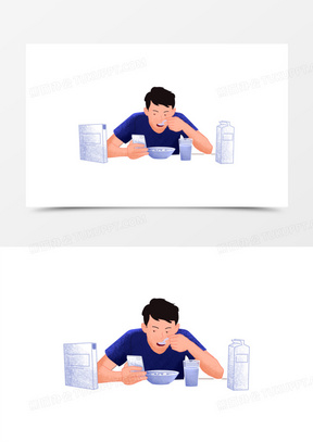 手绘卡通男孩边吃饭边玩手机素材