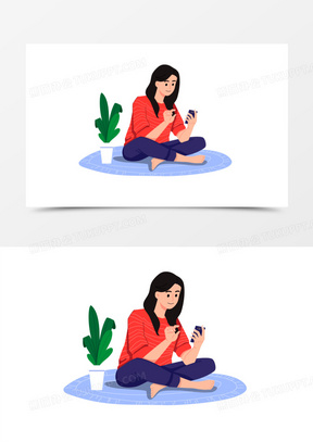 手绘卡通女孩坐着玩手机素材