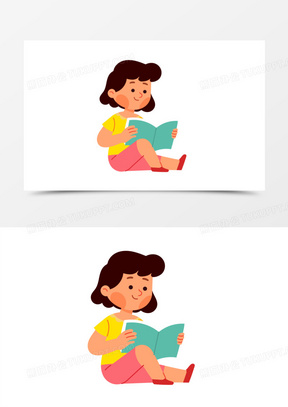 手绘卡通坐着看书的女孩免抠素材