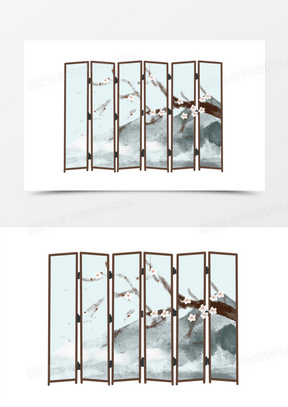 手绘中式落地屏风免抠元素