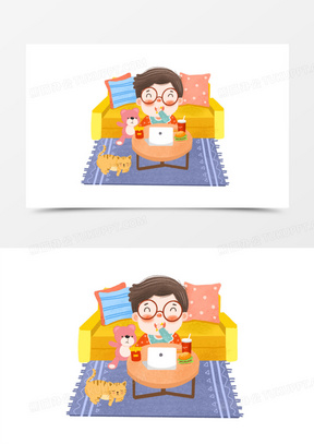 手绘卡通冬季男孩宅家插画免抠元素