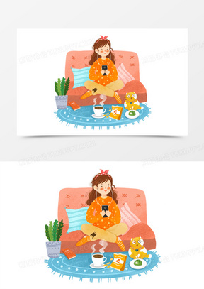 手绘卡通冬季女孩宅家家玩手机插画免抠元素