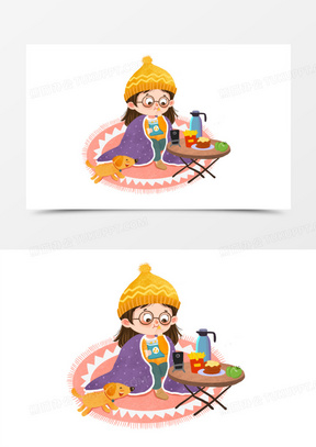 手绘卡通冬季女孩宅家插画免抠元素