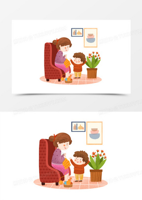 手绘卡通妈妈织毛衣场景插画免抠元素