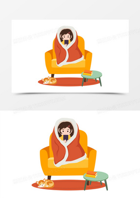 手绘冬季女孩宅在家里玩手机素材