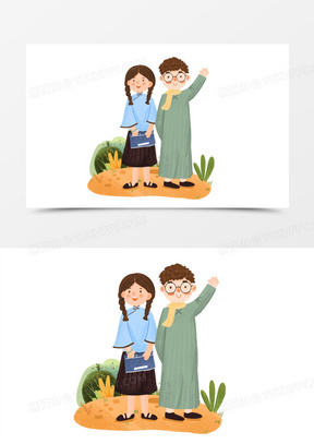 手绘卡通穿民国服饰的男女插画免抠元素