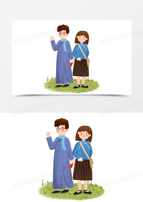 手绘卡通穿民国男女学生插画免抠元素