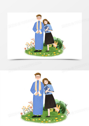 手绘卡通穿民国服饰的男女插画免抠元素