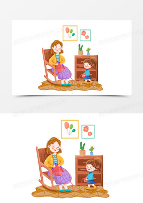 手绘卡通妈妈织毛衣场景元素