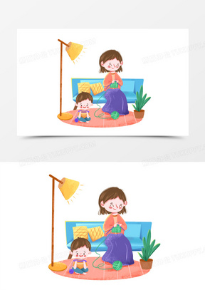 手绘卡通妈妈灯下织毛衣元素