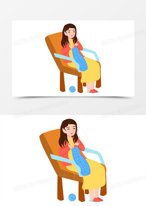 卡通手绘妈妈坐在椅子上织毛衣素材