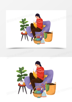 手绘卡通妈妈在家织毛衣素材60手绘毛线制品针织毛衣免抠素材30卡通