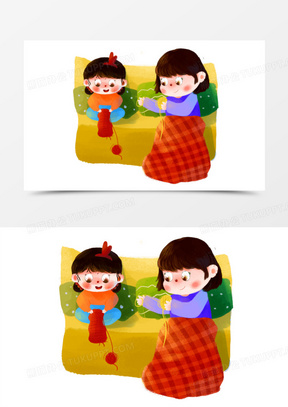 卡通手绘帮妈妈织毛衣素材