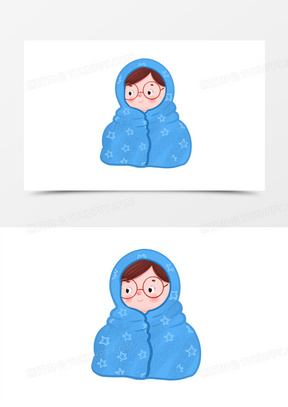 卡通手绘免抠男孩裹被子免抠素材