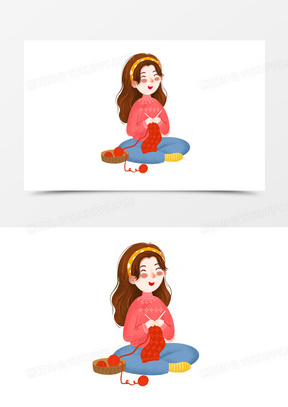 卡通手绘女孩织毛衣素材
