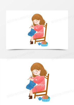 卡通手绘免抠女生织毛衣素材