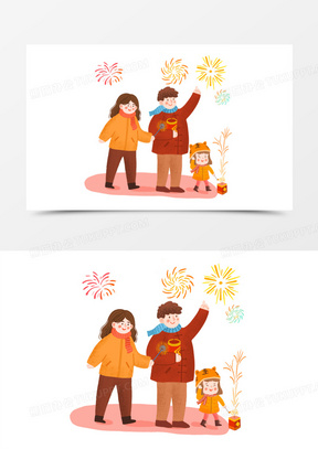手绘卡通放烟花的一家人插画免抠元素