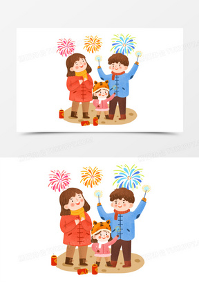 手绘卡通放烟花的一家人插画免抠元素