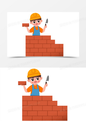 手绘在砌墙的工人免抠素材50手绘卡通装修工人工作场景素材150手绘