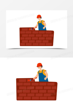 手绘卡通砌墙的工人免抠素材