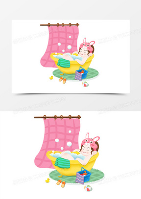 卡通手绘女孩在浴缸里泡澡免抠素材