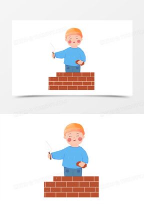 手绘卡通砌墙工人免抠元素