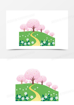 手绘花丛沿途的泥泞小路素材