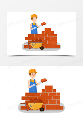 手绘卡通砌墙的工人插画免抠元素