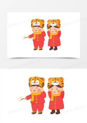 手绘卡通男娃女娃点炮竹素材免抠元素