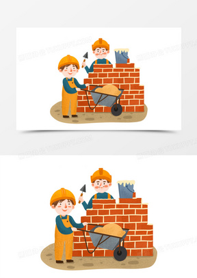 手绘卡通砌墙的工人插画免抠元素